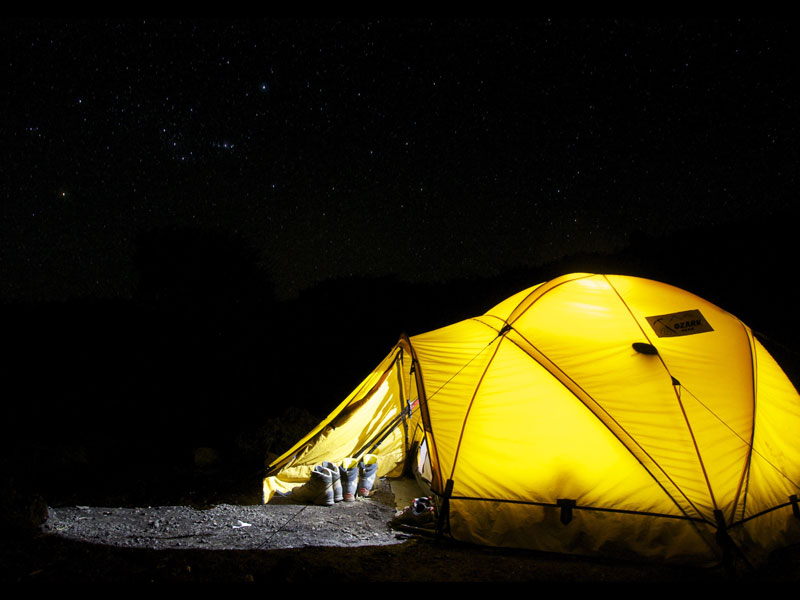 Lit tent at night